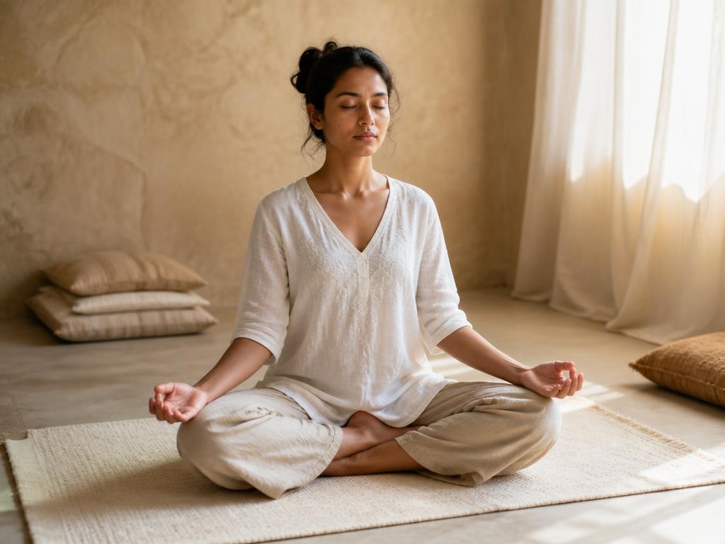 A person sitting calmly on a mat in a quiet meditation room