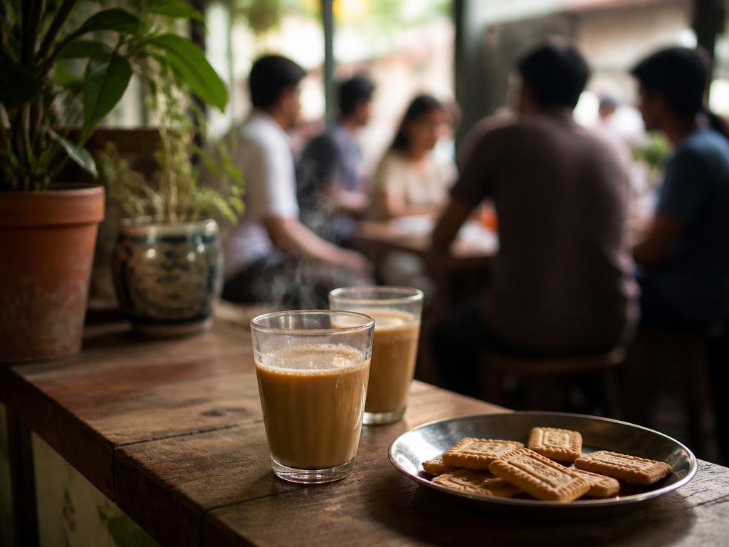 Chai cups on a wooden counter in a plant-filled corner