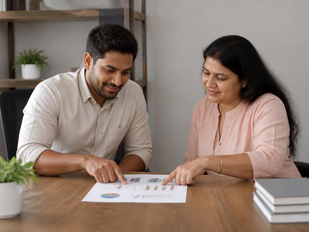A coach and a member reviewing a printed report at a wooden desk