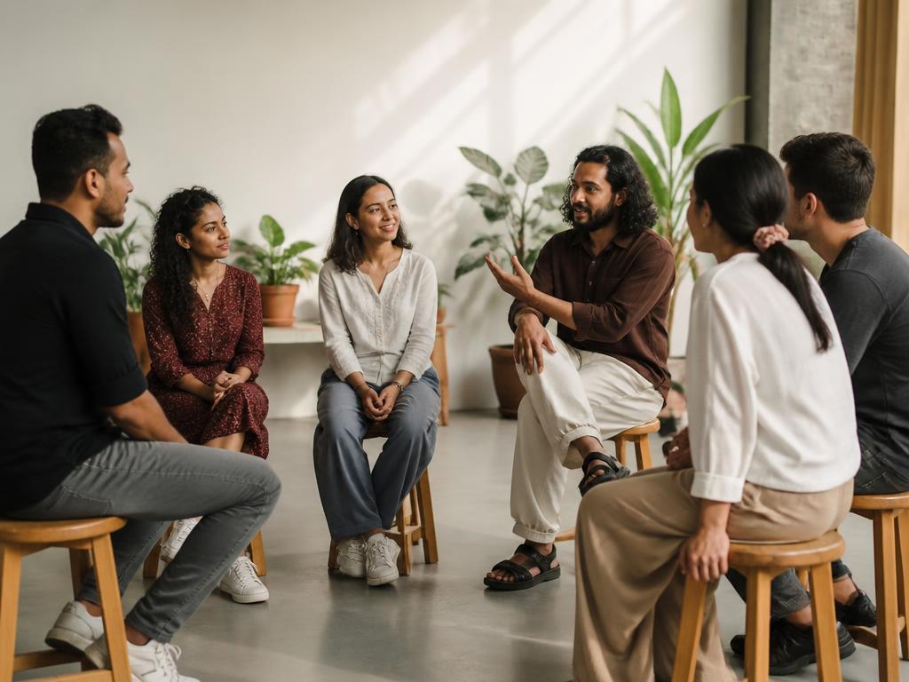 A group of people talking in a circle of wooden stools