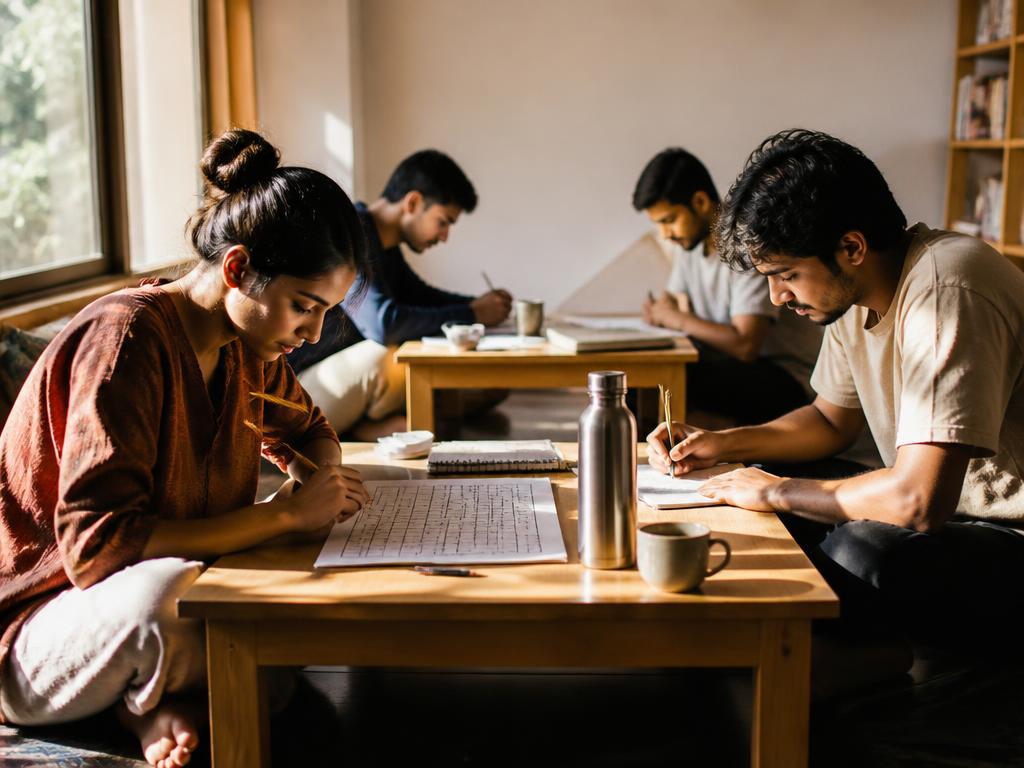 Members solving paper puzzles at low wooden tables in a warm sunlit room