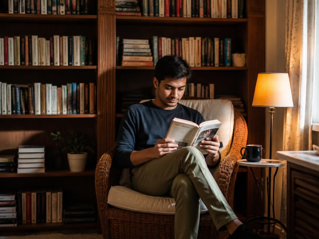 A reading corner with wooden bookshelves and a rattan chair