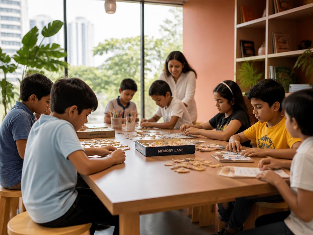 Indian children doing memory games and puzzles together at Neurobics Mumbai on a Sunday