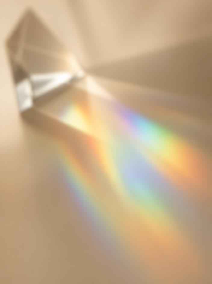 Blurred light refraction through a crystal prism on a beige background